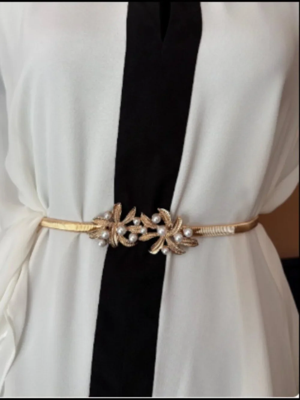 Gold Stretch Belt – 1980s Inspired Faux Pearl Beaded Buckle